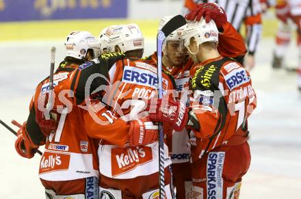 EBEL. Eishockey Bundesliga. KAC gegen HCB Suedtirol.  Torjubel David Schuller, Daniel Ban, Thomas Poeck, Kim Stroemberg, Thomas Vallant (KAC). Klagenfurt, am 20.2.2015.
Foto: Kuess 

---
pressefotos, pressefotografie, kuess, qs, qspictures, sport, bild, bilder, bilddatenbank