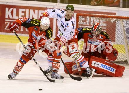 EBEL. Eishockey Bundesliga. KAC gegen HCB Suedtirol. Thomas Poeck, Pekka Tuokkola, (KAC), Rick Schofield  (Bozen). Klagenfurt, am 20.2.2015.
Foto: Kuess 

---
pressefotos, pressefotografie, kuess, qs, qspictures, sport, bild, bilder, bilddatenbank