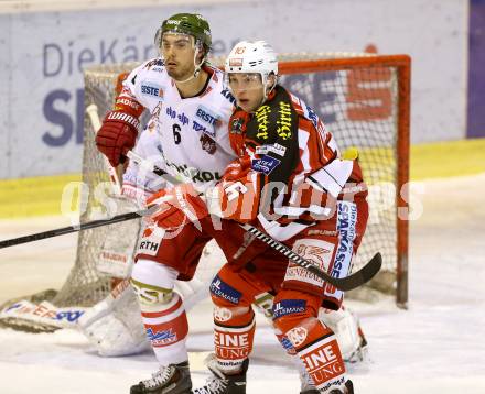 EBEL. Eishockey Bundesliga. KAC gegen HCB Suedtirol.  Patrick Harand,  (KAC), Sean McMonagle (Bozen). Klagenfurt, am 20.2.2015.
Foto: Kuess 

---
pressefotos, pressefotografie, kuess, qs, qspictures, sport, bild, bilder, bilddatenbank