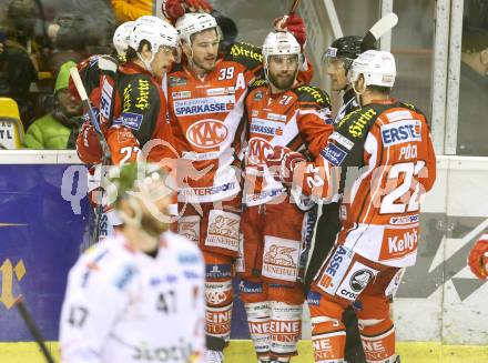 EBEL. Eishockey Bundesliga. KAC gegen HCB Suedtirol. Torjubel Jean Francois Jacques, Jamie Lundmark, Thomas Hundertpfund, Martin Schumnig, Thomas Poeck (KAC). Klagenfurt, am 20.2.2015.
Foto: Kuess 

---
pressefotos, pressefotografie, kuess, qs, qspictures, sport, bild, bilder, bilddatenbank