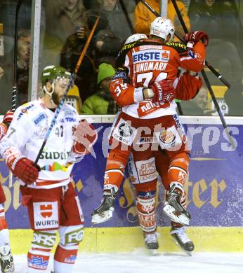 EBEL. Eishockey Bundesliga. KAC gegen HCB Suedtirol. Torjubel Jean Francois Jacques, Jamie Lundmark (KAC). Klagenfurt, am 20.2.2015.
Foto: Kuess 

---
pressefotos, pressefotografie, kuess, qs, qspictures, sport, bild, bilder, bilddatenbank