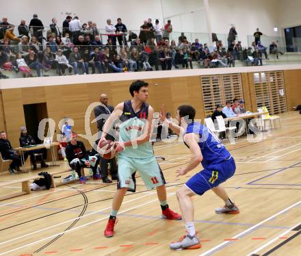 Basketball 2.Bundesliga 2014/15 Grunddurchgang 20.Runde. Raiders Villach gegen BBU Salzburg. Erik Rhinehart, (Villach), Lorenz Rattey (Salzburg). Villach, am 21.2.1015.
Foto: Kuess
---
pressefotos, pressefotografie, kuess, qs, qspictures, sport, bild, bilder, bilddatenbank