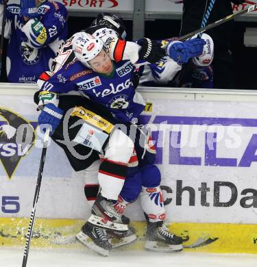 EBEL. Eishockey Bundesliga. EC VSV gegen Orli Znojmo. Brock McBride,  (VSV), Ondrej Fiala  (Orli Znojmo). Villach, am 22.2.2015.
Foto: Kuess 


---
pressefotos, pressefotografie, kuess, qs, qspictures, sport, bild, bilder, bilddatenbank