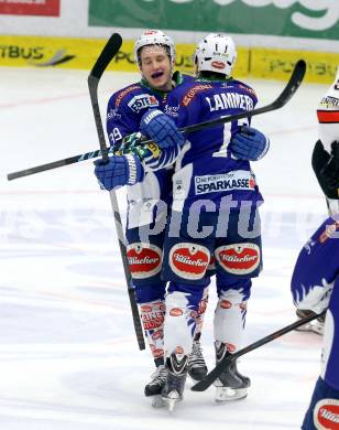 EBEL. Eishockey Bundesliga. EC VSV gegen Orli Znojmo. Torjubel Patrick Platzer, John Lammers (VSV). Villach, am 22.2.2015.
Foto: Kuess 


---
pressefotos, pressefotografie, kuess, qs, qspictures, sport, bild, bilder, bilddatenbank