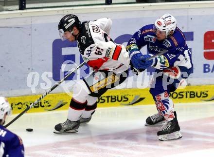 EBEL. Eishockey Bundesliga. EC VSV gegen Orli Znojmo. Nico Brunner,  (VSV), Ondrej Fiala (Orli Znojmo). Villach, am 22.2.2015.
Foto: Kuess 


---
pressefotos, pressefotografie, kuess, qs, qspictures, sport, bild, bilder, bilddatenbank