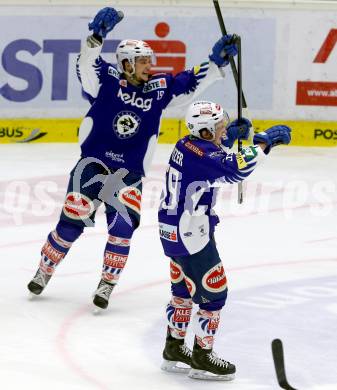 EBEL. Eishockey Bundesliga. EC VSV gegen Orli Znojmo. Torjubel Patrick Platzer, Stefan Bacher (VSV). Villach, am 22.2.2015.
Foto: Kuess 


---
pressefotos, pressefotografie, kuess, qs, qspictures, sport, bild, bilder, bilddatenbank