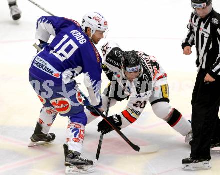 EBEL. Eishockey Bundesliga. EC VSV gegen Orli Znojmo. Jason Krog,  (VSV),  Martin Podesva (Orli Znojmo). Villach, am 22.2.2015.
Foto: Kuess 


---
pressefotos, pressefotografie, kuess, qs, qspictures, sport, bild, bilder, bilddatenbank