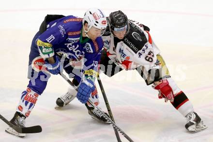 EBEL. Eishockey Bundesliga. EC VSV gegen Orli Znojmo. Brock McBride, (VSV),  Pavel Klhufek (Orli Znojmo). Villach, am 22.2.2015.
Foto: Kuess 


---
pressefotos, pressefotografie, kuess, qs, qspictures, sport, bild, bilder, bilddatenbank