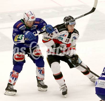 EBEL. Eishockey Bundesliga. EC VSV gegen Orli Znojmo. Brock McBride,  (VSV), Antonin Boruta (Orli Znojmo). Villach, am 22.2.2015.
Foto: Kuess 


---
pressefotos, pressefotografie, kuess, qs, qspictures, sport, bild, bilder, bilddatenbank