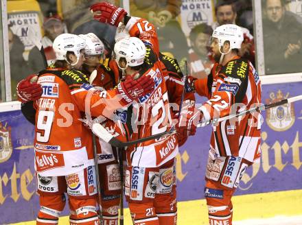 EBEL. Eishockey Bundesliga. KAC gegen HDD Telemach olimpila Ljubljana. Torjubel Stephan Geier, Manuel Geier, Thomas Hundertpfund, Lukas Pither, Thomas Poeck (KAC). Klagenfurt, am 24.2.2015.
Foto: Kuess
---
pressefotos, pressefotografie, kuess, qs, qspictures, sport, bild, bilder, bilddatenbank