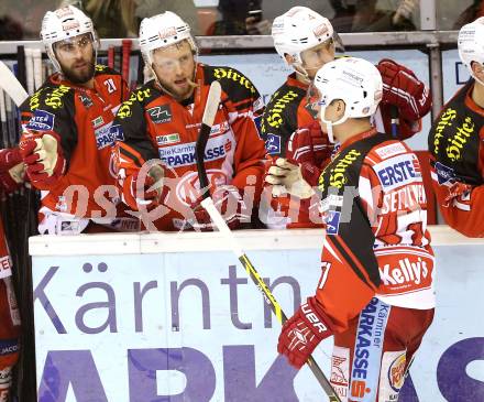 EBEL. Eishockey Bundesliga. KAC gegen HDD Telemach Olimpila Ljubljana. Torjubel Martin Schumnig, Thomas Poeck, Oliver Setzinger (KAC). Klagenfurt, am 24.2.2015.
Foto: Kuess
---
pressefotos, pressefotografie, kuess, qs, qspictures, sport, bild, bilder, bilddatenbank