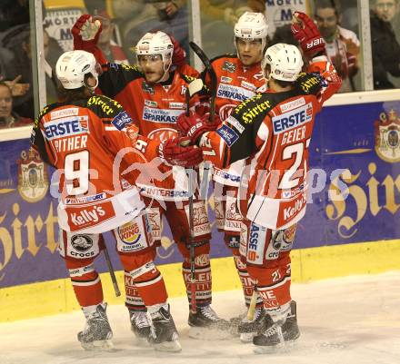 EBEL. Eishockey Bundesliga. KAC gegen HDD Telemach olimpila Ljubljana. Torjubel Stephan Geier, Manuel Geier, Thomas Hundertpfund, Lukas Pither (KAC). Klagenfurt, am 24.2.2015.
Foto: Kuess
---
pressefotos, pressefotografie, kuess, qs, qspictures, sport, bild, bilder, bilddatenbank