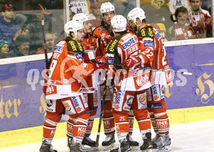 EBEL. Eishockey Bundesliga. KAC gegen HDD Telemach olimpila Ljubljana. Torjubel Stephan Geier, Manuel Geier, Thomas Hundertpfund, Lukas Pither, Thomas Poeck (KAC). Klagenfurt, am 24.2.2015.
Foto: Kuess
---
pressefotos, pressefotografie, kuess, qs, qspictures, sport, bild, bilder, bilddatenbank