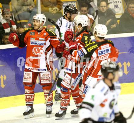 EBEL. Eishockey Bundesliga. KAC gegen HDD Telemach olimpila Ljubljana. Torjubel Stephan Geier, Manuel Geier, Thomas Hundertpfund (KAC). Klagenfurt, am 24.2.2015.
Foto: Kuess
---
pressefotos, pressefotografie, kuess, qs, qspictures, sport, bild, bilder, bilddatenbank