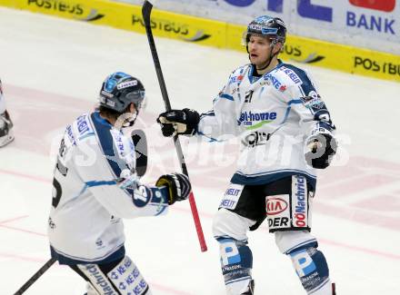 EBEL. Eishockey Bundesliga. EC VSV gegen EHC LIWEST Linz.  Torjubel Philipp Lukas, Matthias Iberer  (Linz). Villach, am 26.2.2015.
Foto: Kuess 


---
pressefotos, pressefotografie, kuess, qs, qspictures, sport, bild, bilder, bilddatenbank