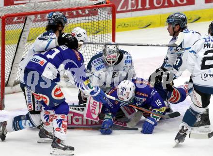 EBEL. Eishockey Bundesliga. EC VSV gegen EHC LIWEST Linz. Jason Krog, Darren Haydar,  (VSV), Michael Ouzas, Franklin MacDonald, Curtis Murphy (Linz). Villach, am 26.2.2015.
Foto: Kuess 


---
pressefotos, pressefotografie, kuess, qs, qspictures, sport, bild, bilder, bilddatenbank