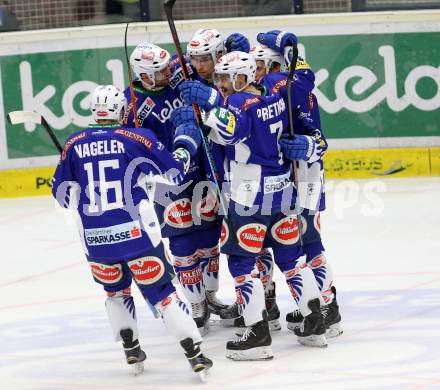 EBEL. Eishockey Bundesliga. EC VSV gegen EHC LIWEST Linz. Torjubel Klemen Pretnar, Eric Hunter, Nico Brunner, Benjamin Petrik, Daniel Nageler (VSV). Villach, am 26.2.2015.
Foto: Kuess 


---
pressefotos, pressefotografie, kuess, qs, qspictures, sport, bild, bilder, bilddatenbank