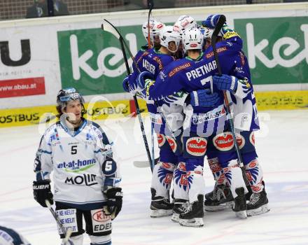 EBEL. Eishockey Bundesliga. EC VSV gegen EHC LIWEST Linz. Torjubel Klemen Pretnar, Eric Hunter, Nico Brunner, Benjamin Petrik, Daniel Nageler (VSV). Villach, am 26.2.2015.
Foto: Kuess 


---
pressefotos, pressefotografie, kuess, qs, qspictures, sport, bild, bilder, bilddatenbank