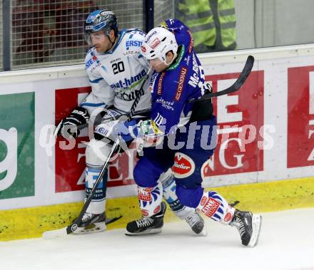 EBEL. Eishockey Bundesliga. EC VSV gegen EHC LIWEST Linz. Brock McBride,  (VSV), Brad Moran (Linz). Villach, am 26.2.2015.
Foto: Kuess 


---
pressefotos, pressefotografie, kuess, qs, qspictures, sport, bild, bilder, bilddatenbank