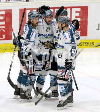 EBEL. Eishockey Bundesliga. EC VSV gegen EHC LIWEST Linz.  Torjubel Sebastien Piche, Patrick Spannring, Matthias Iberer, Marc Andre Dorion  (Linz). Villach, am 26.2.2015.
Foto: Kuess 


---
pressefotos, pressefotografie, kuess, qs, qspictures, sport, bild, bilder, bilddatenbank