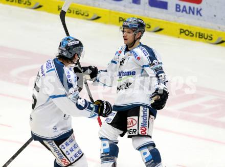 EBEL. Eishockey Bundesliga. EC VSV gegen EHC LIWEST Linz.  Torjubel Philipp Lukas, Matthias Iberer  (Linz). Villach, am 26.2.2015.
Foto: Kuess 


---
pressefotos, pressefotografie, kuess, qs, qspictures, sport, bild, bilder, bilddatenbank