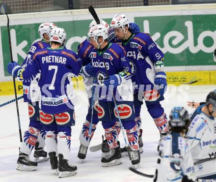 EBEL. Eishockey Bundesliga. EC VSV gegen EHC LIWEST Linz. Torjubel Klemen Pretnar, Eric Hunter, Nico Brunner, Benjamin Petrik, Daniel Nageler (VSV). Villach, am 26.2.2015.
Foto: Kuess 


---
pressefotos, pressefotografie, kuess, qs, qspictures, sport, bild, bilder, bilddatenbank