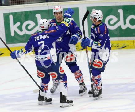 EBEL. Eishockey Bundesliga. EC VSV gegen EHC LIWEST Linz. Torjubel Klemen Pretnar, Eric Hunter, Nico Brunner (VSV). Villach, am 26.2.2015.
Foto: Kuess 


---
pressefotos, pressefotografie, kuess, qs, qspictures, sport, bild, bilder, bilddatenbank