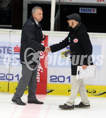 EBEL. Eishockey Bundesliga. EC VSV gegen EHC LIWEST Linz. Co-Trainer Markus Peintner (VSV),  Trainer Rob Daum, (Linz). Villach, am 26.2.2015.
Foto: Kuess 


---
pressefotos, pressefotografie, kuess, qs, qspictures, sport, bild, bilder, bilddatenbank