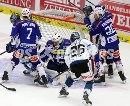 EBEL. Eishockey Bundesliga. EC VSV gegen EHC LIWEST Linz. Klemen Pretnar, Jean Philippe Lamoureux, Nico Brunner,  (VSV), Rob Hisey (Linz). Villach, am 26.2.2015.
Foto: Kuess 


---
pressefotos, pressefotografie, kuess, qs, qspictures, sport, bild, bilder, bilddatenbank