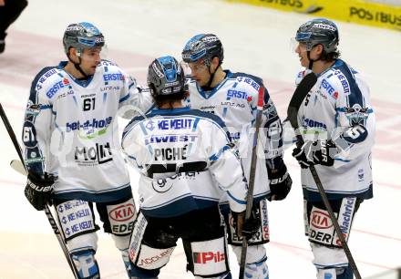 EBEL. Eishockey Bundesliga. EC VSV gegen EHC LIWEST Linz.  Torjubel Philipp Lukas, Matthias IbererPatrick Spannring, Sebastien Piche (Linz). Villach, am 26.2.2015.
Foto: Kuess 


---
pressefotos, pressefotografie, kuess, qs, qspictures, sport, bild, bilder, bilddatenbank