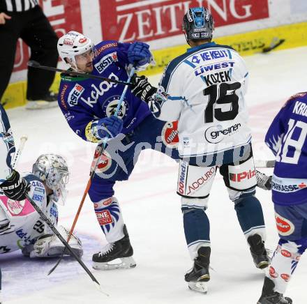 EBEL. Eishockey Bundesliga. EC VSV gegen EHC LIWEST Linz.  Klemen Pretnar, (VSV),  Andrew Jacob Kozek  (Linz). Villach, am 26.2.2015.
Foto: Kuess 


---
pressefotos, pressefotografie, kuess, qs, qspictures, sport, bild, bilder, bilddatenbank