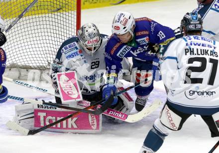 EBEL. Eishockey Bundesliga. EC VSV gegen EHC LIWEST Linz.  Jason Krog,  (VSV), Michael Ouzas (Linz). Villach, am 26.2.2015.
Foto: Kuess 


---
pressefotos, pressefotografie, kuess, qs, qspictures, sport, bild, bilder, bilddatenbank