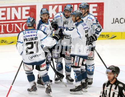 EBEL. Eishockey Bundesliga. EC VSV gegen EHC LIWEST Linz.  Torjubel Sebastien Piche, Patrick Spannring, Matthias Iberer, Marc Andre Dorion, Philipp Lukas  (Linz). Villach, am 26.2.2015.
Foto: Kuess 


---
pressefotos, pressefotografie, kuess, qs, qspictures, sport, bild, bilder, bilddatenbank