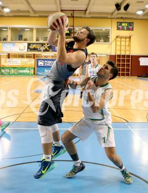 Basketball 2.Bundesliga 2014/15 Grunddurchgang 21.Runde. KOS Celovec gegen Raiders Villach. Toman Feinig,  (KOS), Andreas Napokoj (Villach). Klagenfurt, am 27.2.1015.
Foto: Kuess
---
pressefotos, pressefotografie, kuess, qs, qspictures, sport, bild, bilder, bilddatenbank