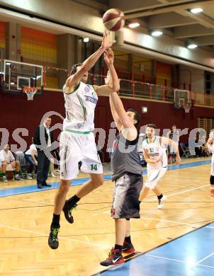 Basketball 2.Bundesliga 2014/15 Grunddurchgang 21.Runde. KOS Celovec gegen Raiders Villach. Ales Kunc,  (KOS), Almir Smajic (Villach). Klagenfurt, am 27.2.1015.
Foto: Kuess
---
pressefotos, pressefotografie, kuess, qs, qspictures, sport, bild, bilder, bilddatenbank