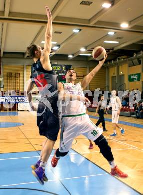 Basketball 2.Bundesliga 2014/15 Grunddurchgang 21.Runde. KOS Celovec gegen Raiders Villach. Jasmin Hercegovas,  (KOS), Povalis Gaidys (Villach). Klagenfurt, am 27.2.1015.
Foto: Kuess
---
pressefotos, pressefotografie, kuess, qs, qspictures, sport, bild, bilder, bilddatenbank