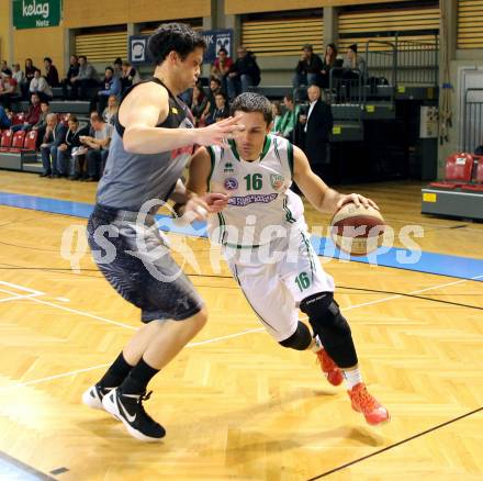 Basketball 2.Bundesliga 2014/15 Grunddurchgang 21.Runde. KOS Celovec gegen Raiders Villach.  Jasmin Hercegovac (KOS), Erik Rhinehart (Villach). Klagenfurt, am 27.2.1015.
Foto: Kuess
---
pressefotos, pressefotografie, kuess, qs, qspictures, sport, bild, bilder, bilddatenbank