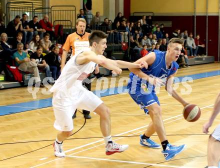 Basketball 2.Bundesliga 2014/15 Grunddurchgang 21.Runde. Woerthersee Piraten gegen BBU Salzburg. Christof Gspandl,  (Piraten), Aleksandar  Andjelkovic  (Salzburg). Klagenfurt, am 28.2.1015.
Foto: Kuess
---
pressefotos, pressefotografie, kuess, qs, qspictures, sport, bild, bilder, bilddatenbank