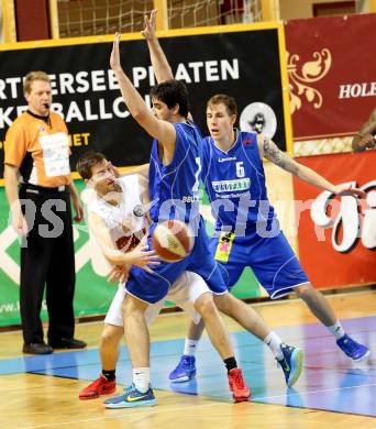 Basketball 2.Bundesliga 2014/15 Grunddurchgang 21.Runde. Woerthersee Piraten gegen BBU Salzburg. Christian Erschen, (Piraten), Milan Kezic, Fabio Thaler  (Salzburg). Klagenfurt, am 28.2.1015.
Foto: Kuess
---
pressefotos, pressefotografie, kuess, qs, qspictures, sport, bild, bilder, bilddatenbank