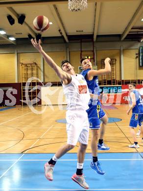 Basketball 2.Bundesliga 2014/15 Grunddurchgang 21.Runde. Woerthersee Piraten gegen BBU Salzburg. Selmir Husanovic, (Piraten), Aleksandar  Andjelkovic  (Salzburg). Klagenfurt, am 28.2.1015.
Foto: Kuess
---
pressefotos, pressefotografie, kuess, qs, qspictures, sport, bild, bilder, bilddatenbank