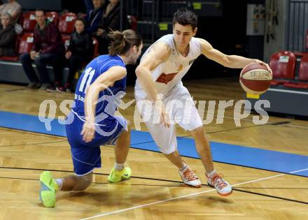 Basketball 2.Bundesliga 2014/15 Grunddurchgang 21.Runde. Woerthersee Piraten gegen BBU Salzburg. Martin Breithuber (Piraten), Dominik Gross (Salzburg). Klagenfurt, am 28.2.1015.
Foto: Kuess
---
pressefotos, pressefotografie, kuess, qs, qspictures, sport, bild, bilder, bilddatenbank