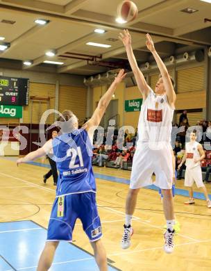 Basketball 2.Bundesliga 2014/15 Grunddurchgang 21.Runde. Woerthersee Piraten gegen BBU Salzburg. Christof Gspandl,  (Piraten), Emils Suerums (Salzburg). Klagenfurt, am 28.2.1015.
Foto: Kuess
---
pressefotos, pressefotografie, kuess, qs, qspictures, sport, bild, bilder, bilddatenbank