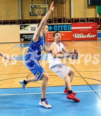 Basketball 2.Bundesliga 2014/15 Grunddurchgang 21.Runde. Woerthersee Piraten gegen BBU Salzburg. Christian Erschen, (Piraten), Emils Suerums  (Salzburg). Klagenfurt, am 28.2.1015.
Foto: Kuess
---
pressefotos, pressefotografie, kuess, qs, qspictures, sport, bild, bilder, bilddatenbank