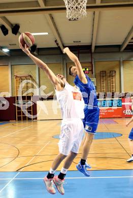 Basketball 2.Bundesliga 2014/15 Grunddurchgang 21.Runde. Woerthersee Piraten gegen BBU Salzburg. Selmir Husanovic, (Piraten), Aleksandar  Andjelkovic  (Salzburg). Klagenfurt, am 28.2.1015.
Foto: Kuess
---
pressefotos, pressefotografie, kuess, qs, qspictures, sport, bild, bilder, bilddatenbank