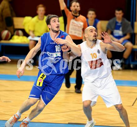 Basketball 2.Bundesliga 2014/15 Grunddurchgang 21.Runde. Woerthersee Piraten gegen BBU Salzburg. Joachim Buggelsheim,  (Piraten), Lorenz Rattey (Salzburg). Klagenfurt, am 28.2.1015.
Foto: Kuess
---
pressefotos, pressefotografie, kuess, qs, qspictures, sport, bild, bilder, bilddatenbank