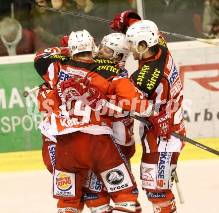 EBEL. Eishockey Bundesliga. KAC gegen Dornbirner Eishockey Club. Jubel Stefan Geier, Kirk Furey (KAC). Klagenfurt, am 3.3.2015.
Foto: Kuess 

---
pressefotos, pressefotografie, kuess, qs, qspictures, sport, bild, bilder, bilddatenbank