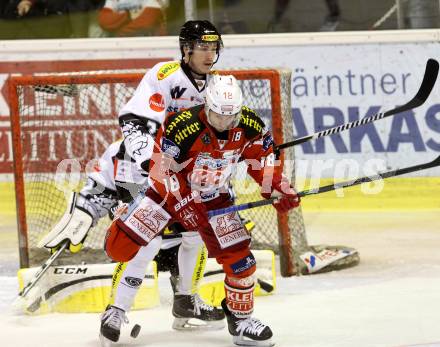 EBEL. Eishockey Bundesliga. KAC gegen Dornbirner Eishockey Club.  Thomas Koch,  (KAC), Olivier Magnan Grenier, (Dornbirn). Klagenfurt, am 3.3.2015.
Foto: Kuess 

---
pressefotos, pressefotografie, kuess, qs, qspictures, sport, bild, bilder, bilddatenbank