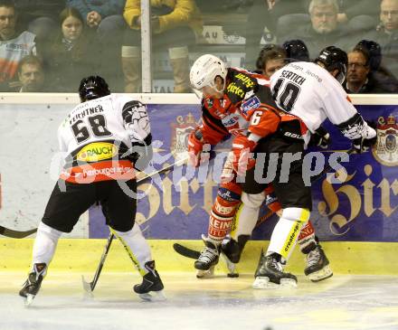 EBEL. Eishockey Bundesliga. KAC gegen Dornbirner Eishockey Club. Patrick Harand,  (KAC), Andy Sertich (Dornbirn). Klagenfurt, am 3.3.2015.
Foto: Kuess 

---
pressefotos, pressefotografie, kuess, qs, qspictures, sport, bild, bilder, bilddatenbank