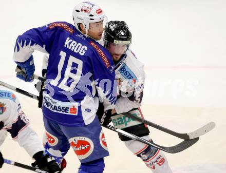 EBEL. Eishockey Bundesliga. EC VSV gegen SAPA Fehervar AV19. Jason Krog,  (VSV), Benjamin Nemes (Alba Volan). Villach, am 3.3.2015.
Foto: Kuess 


---
pressefotos, pressefotografie, kuess, qs, qspictures, sport, bild, bilder, bilddatenbank