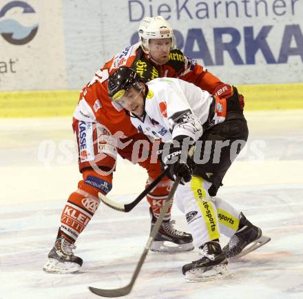 EBEL. Eishockey Bundesliga. KAC gegen Dornbirner Eishockey Club. Jamie Lundmark, (KAC), James Arniel  (Dornbirn). Klagenfurt, am 3.3.2015.
Foto: Kuess 

---
pressefotos, pressefotografie, kuess, qs, qspictures, sport, bild, bilder, bilddatenbank